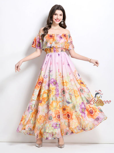 Off the Shoulder Printed Chiffon Dress