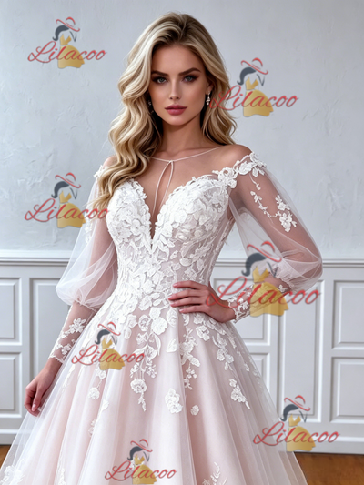 Long Sleeve Tulle Appliques Wedding Dress