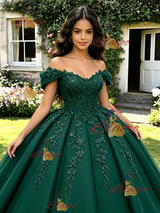 Green Off the Shoulder Appliques Quinceanera Dress