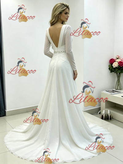 White Chiffon V-neck Pleats Beading Wedding Dress