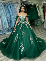 Green Tulle Off the Shoulder Appliques Quinceanera Dress