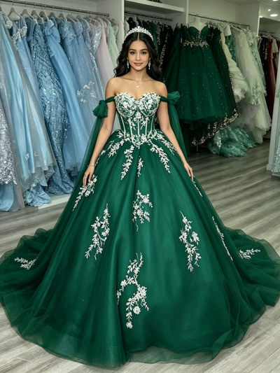 Green Tulle Off the Shoulder Appliques Quinceanera Dress