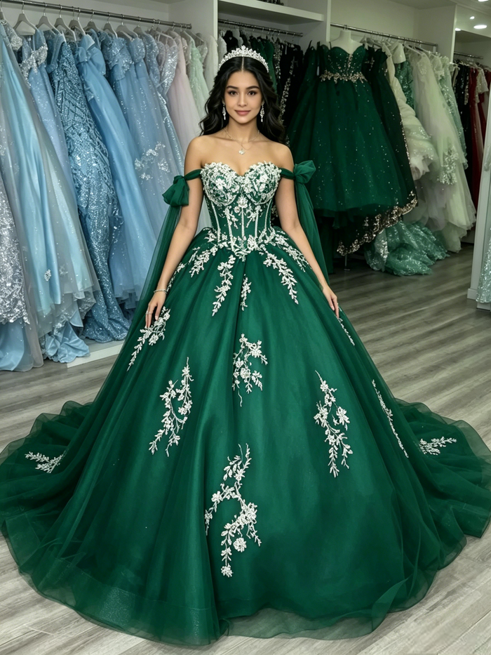Green Tulle Off the Shoulder Appliques Quinceanera Dress