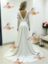 White Chiffon V-neck Pleats Beading Wedding Dress