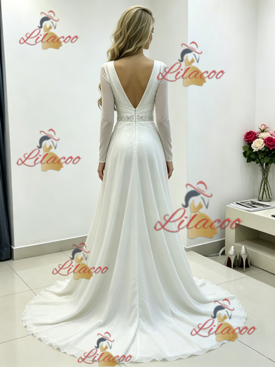 White Chiffon V-neck Pleats Beading Wedding Dress