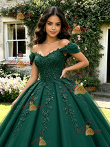 Green Off the Shoulder Appliques Quinceanera Dress