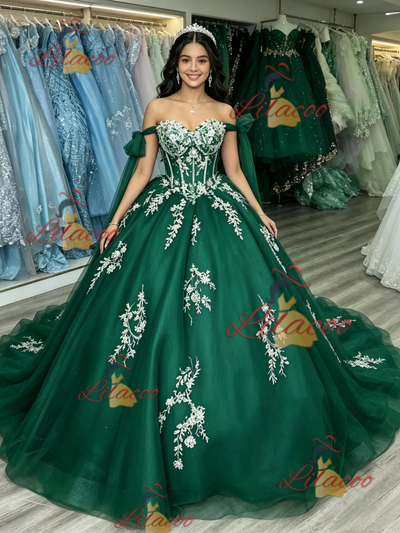 Green Tulle Off the Shoulder Appliques Quinceanera Dress
