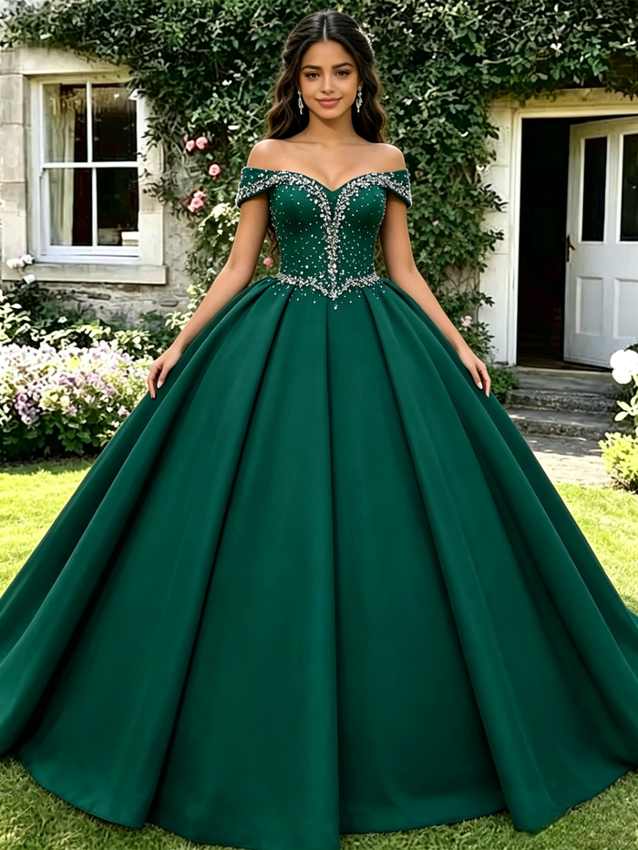 Green Off the Shoulder Beading Quinceanera Dress