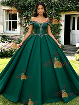 Green Off the Shoulder Beading Quinceanera Dress