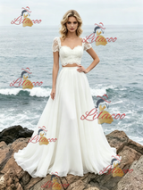 White Two Piece Lace Short Sleeve Wedding Dress