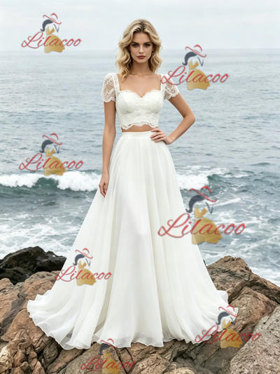 White Two Piece Lace Short Sleeve Wedding Dress
