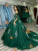 Green Tulle Off the Shoulder Appliques Quinceanera Dress