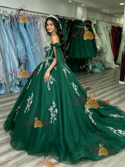 Green Tulle Off the Shoulder Appliques Quinceanera Dress