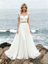 White Two Piece Lace Short Sleeve Wedding Dress