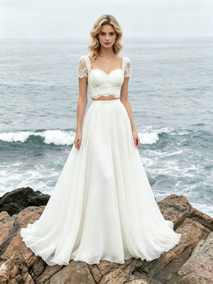 White Two Piece Lace Short Sleeve Wedding Dress