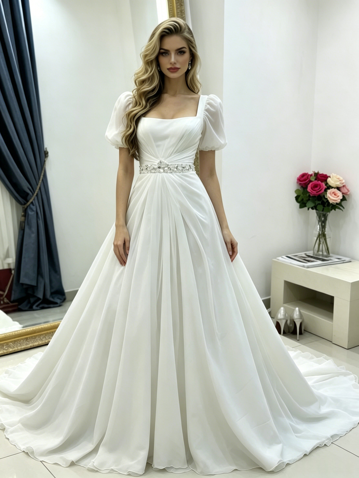White Puff Sleeve Square Neck Wedding Dress