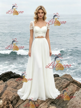 White Two Piece Lace Short Sleeve Wedding Dress