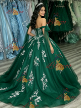 Green Tulle Off the Shoulder Appliques Quinceanera Dress