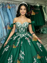 Green Tulle Off the Shoulder Appliques Quinceanera Dress