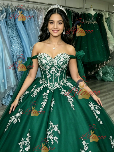Green Tulle Off the Shoulder Appliques Quinceanera Dress