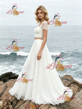 White Two Piece Lace Short Sleeve Wedding Dress