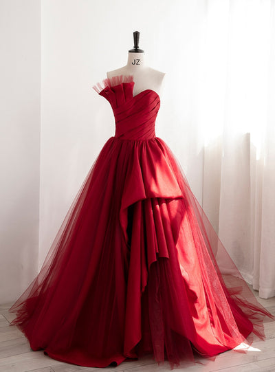 Burgundy Satin Tulle Pleats Prom Dress