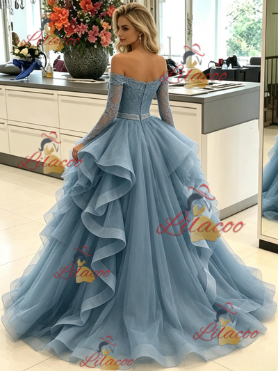 Blue Off the Shoulder Long Sleeve Prom Dress