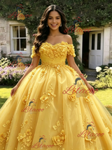 Yellow Tulle Off the Shoulder 3D Appliques Quinceanera Dress