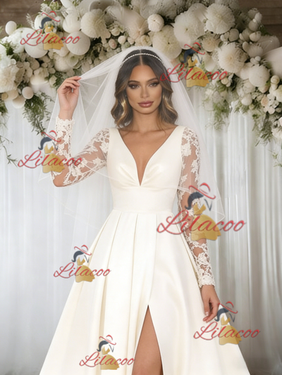 White Satin Long Sleeve V-neck Wedding Dress