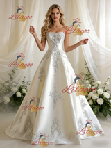 Beige White Satin Strapless Beading Wedding Dress