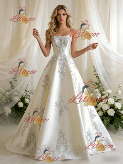 Beige White Satin Strapless Beading Wedding Dress