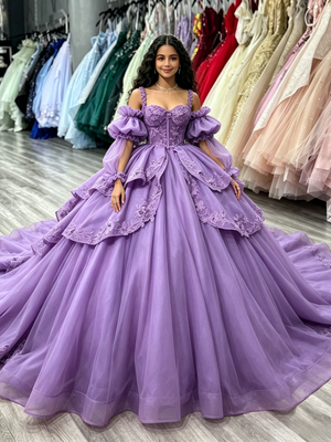 Purple Tulle Straps Long Sleeve Quinceanera Dress