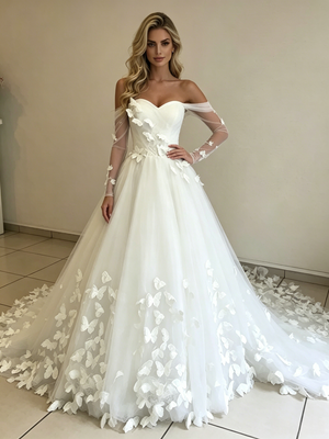 White Tulle Long Sleeve Butterfly Wedding Dress