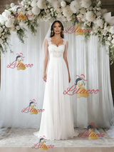 White Chiffon Lace Straps Wedidng Dress