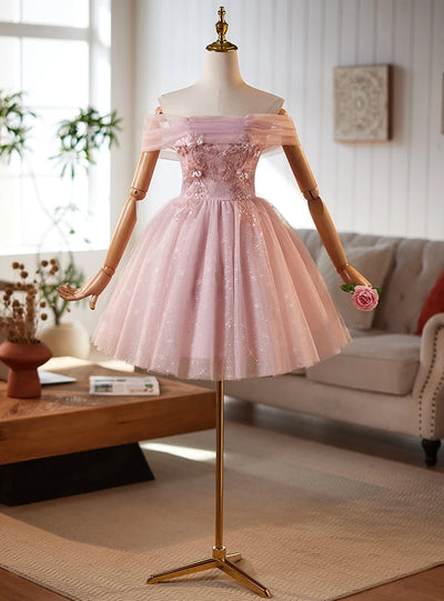 Pink Tulle Sequins Appliques Homecoming Dress