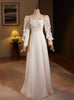 White Satin Long Sleeve Pearls Pleats Wedding Dress