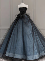 Black Tulle Strapless Pleats Prom Dress