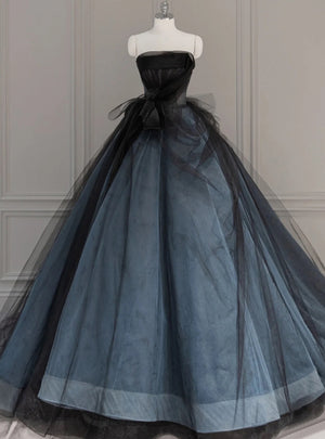 Black Tulle Strapless Pleats Prom Dress