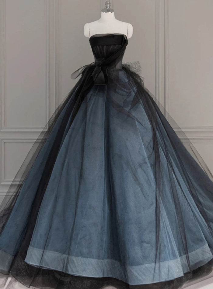 Black Tulle Strapless Pleats Prom Dress