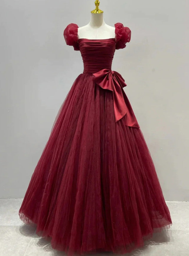 Burgundy Tulle Pleats Bow Prom Dress