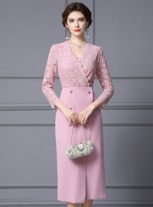 Pink Lace V-neck Long Sleeve Prom Dress
