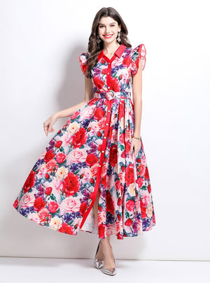 Printed Lotus Leaf Sleeve Lapel Button-down Dress