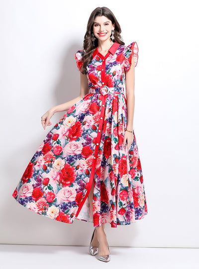 Printed Lotus Leaf Sleeve Lapel Button-down Dress