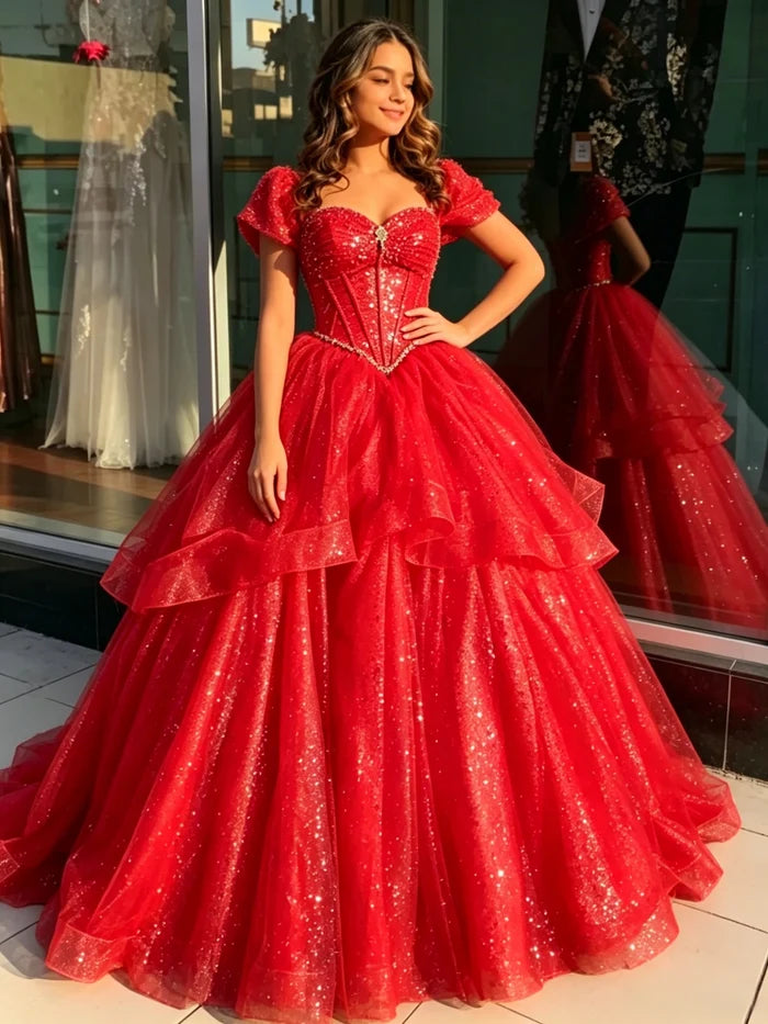 Red Sequins Beading Quinceanera Dress