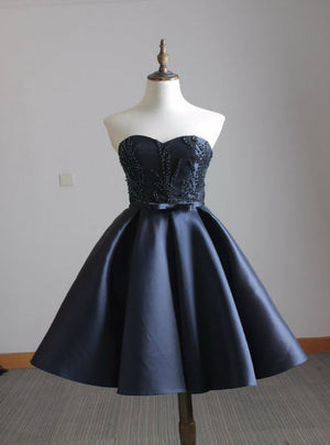 Navy Blue Satin Strapless Homecoming Dress