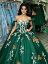 Green Tulle Off the Shoulder Appliques Quinceanera Dress