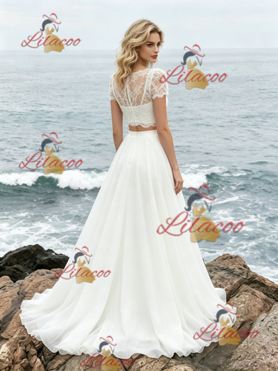 White Two Piece Lace Short Sleeve Wedding Dress