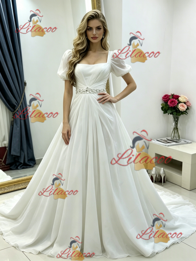 White Puff Sleeve Square Neck Wedding Dress