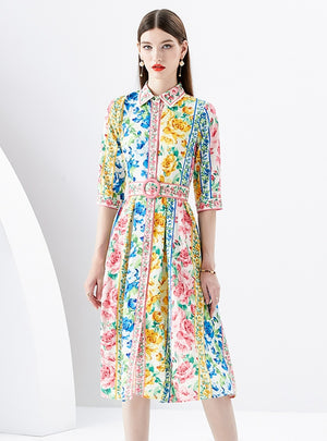 Short Sleeve Lapel Printed Single-breasted Dress