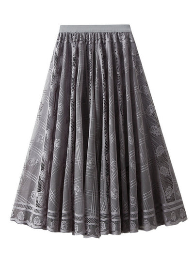 Women Pleated Mesh Lace Skirt